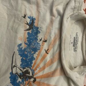 Aeropostale White Tee with Blue and Orange Surfer Graphic